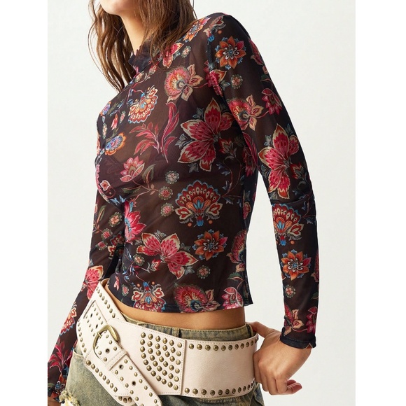 Black Multicolor Floral Print Mesh Sheer Shirt Top - Picture 5 of 9